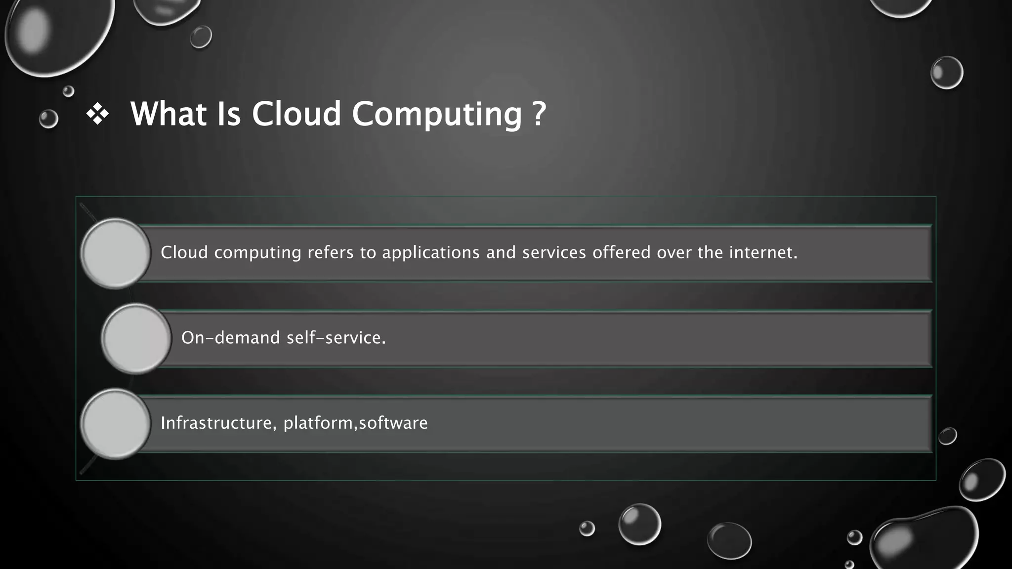  What Is Cloud Computing ?
Cloud computing refers to applications and services offered over the internet.
On-demand self-service.
Infrastructure, platform,software
 