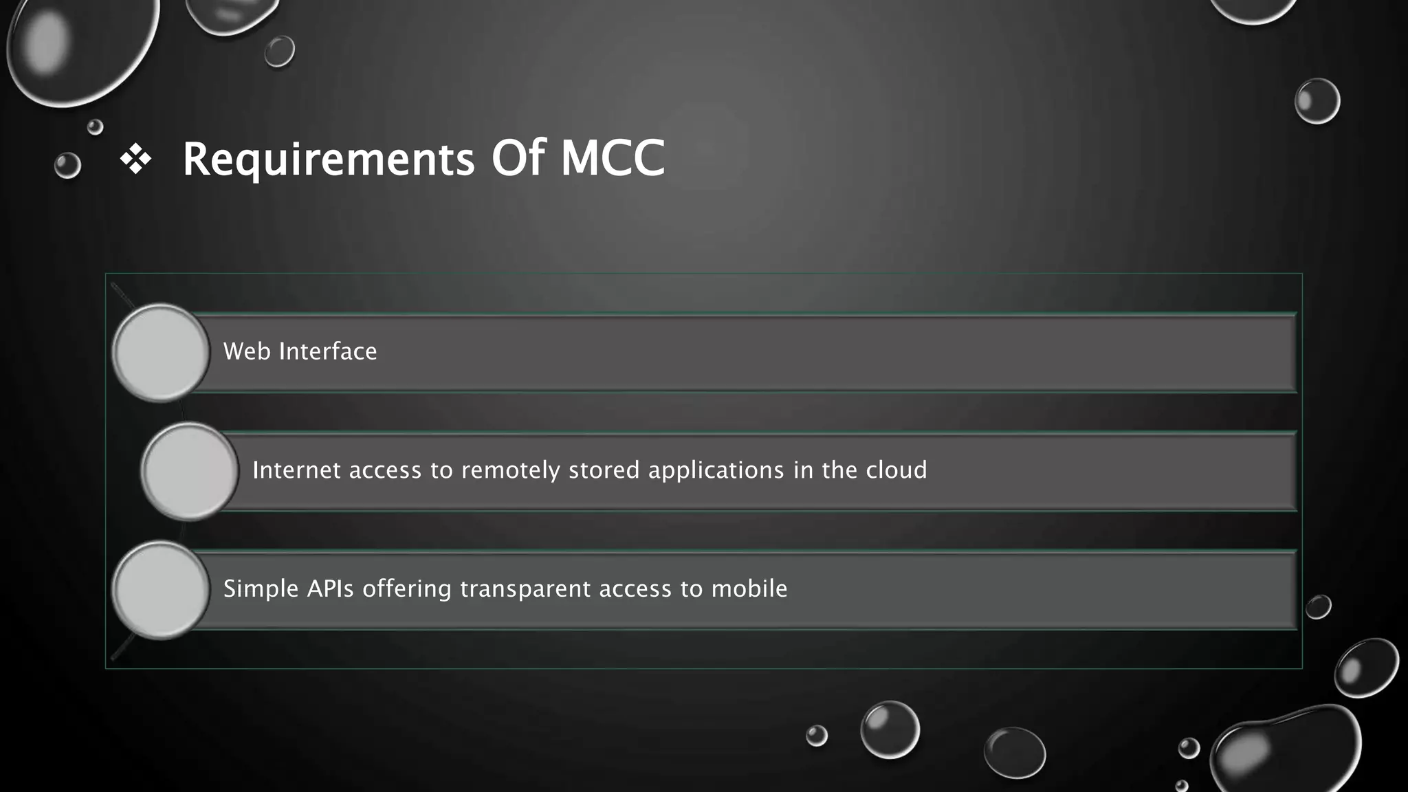  Requirements Of MCC
Web Interface
Internet access to remotely stored applications in the cloud
Simple APIs offering transparent access to mobile
 