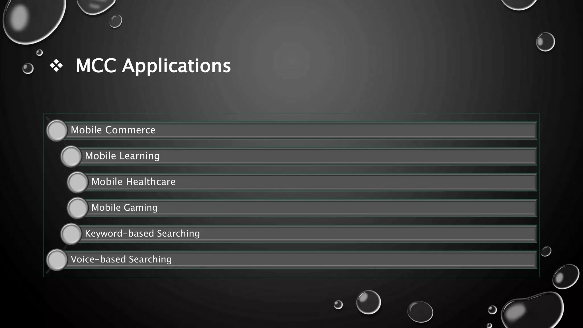  MCC Applications
Mobile Commerce
Mobile Learning
Mobile Healthcare
Mobile Gaming
Keyword-based Searching
Voice-based Searching
 