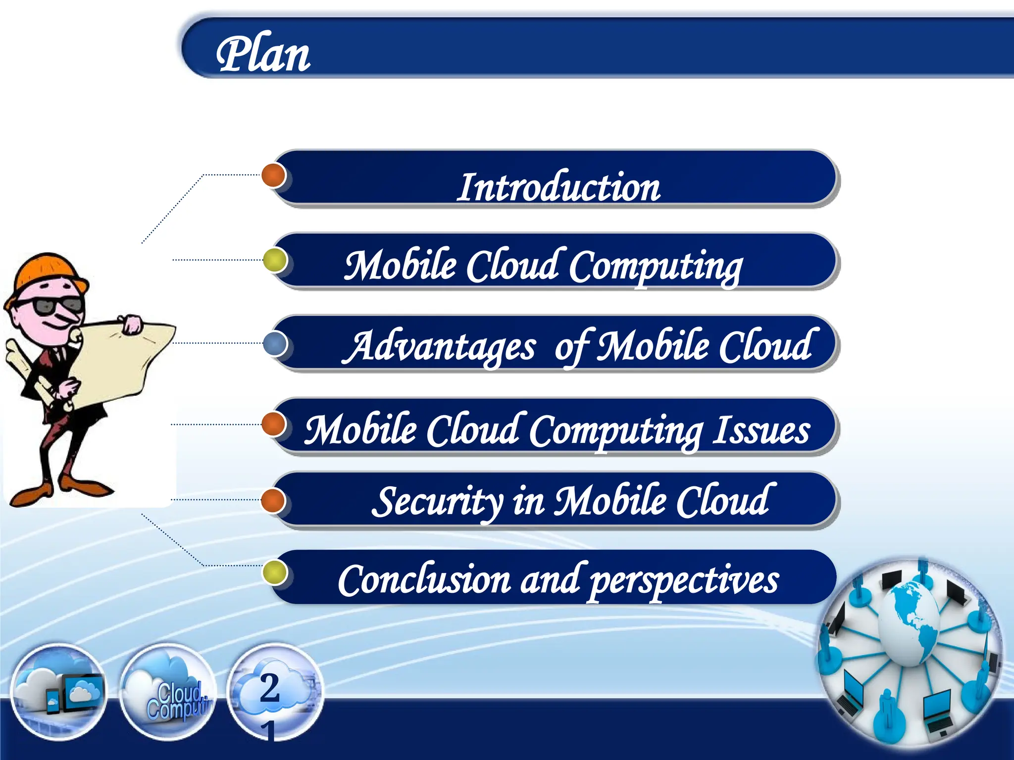 Mobile Cloud Computing Issues
1
2
1
Plan
Conclusion and perspectives
Mobile Cloud Computing
Advantages of Mobile Cloud
Introduction
Security in Mobile Cloud
 