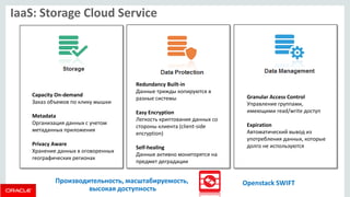 IaaS: Storage Cloud Service 
Capacity On-demand 
Заказ объемов по клику мышки 
Metadata 
Организация данных с учетом метаданных приложения 
Privacy Aware 
Хранение данных в оговоренных географических регионах 
Redundancy Built-in 
Данные трижды копируются в разные системы 
Easy Encryption 
Легкость криптования данных со стороны клиента (client-side encryption) 
Self-healing 
Данные активно мониторятся на предмет деградации 
Granular Access Control 
Управление группами, имеющими read/write доступ 
Expiration 
Автоматический вывод из употребления данных, которые долго не используются 
Производительность, масштабируемость, высокая доступность 
Openstack SWIFT  