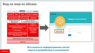 Вид на мир из облака 
Вся сложность информационных систем скрыта от разработчика и пользователя  