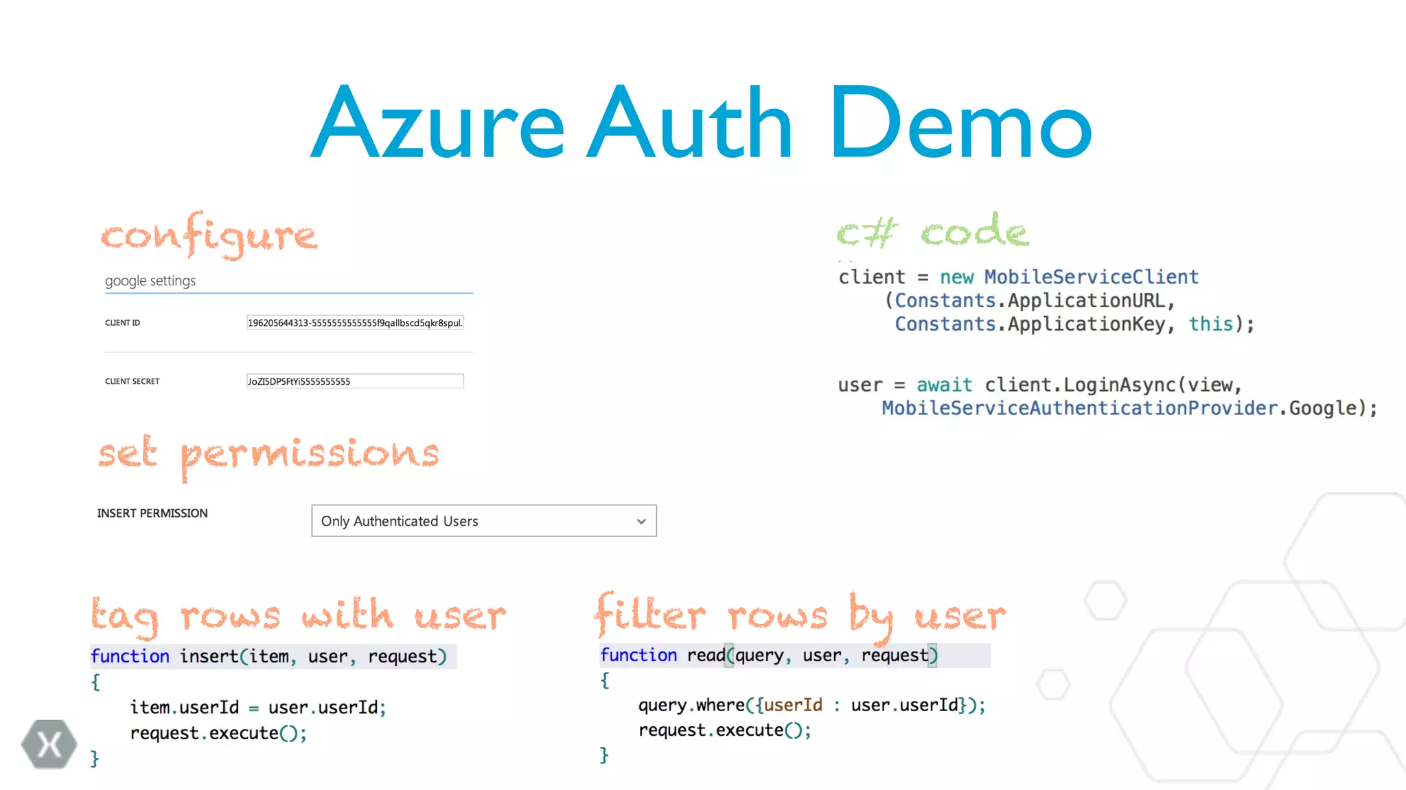 Azure Auth Demo
configure
c# code
set permissions
tag rows with user
filter rows by user