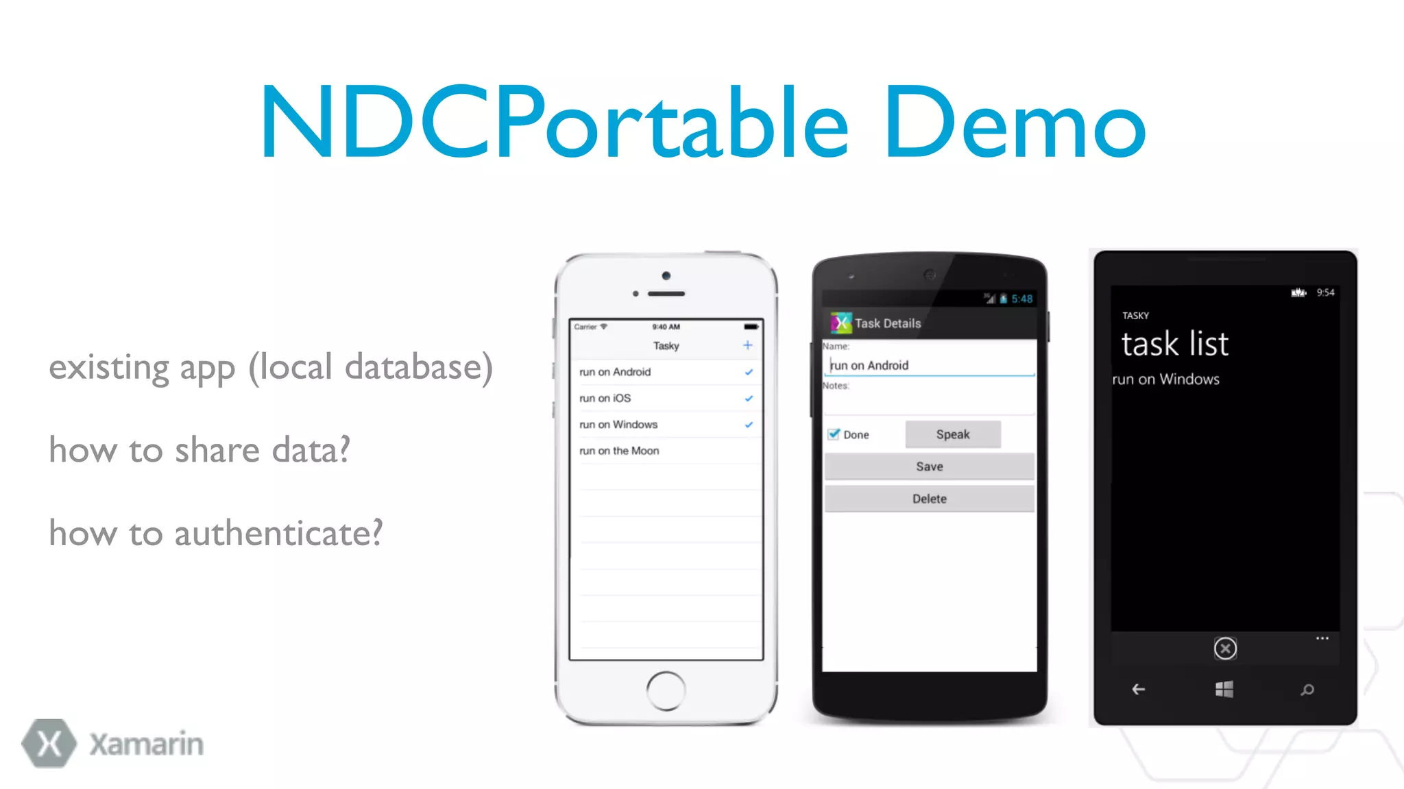 NDCPortable Demo
existing app (local database)
how to share data?
how to authenticate?