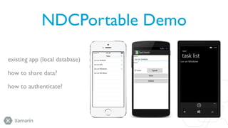 NDCPortable Demo
existing app (local database)
how to share data?
how to authenticate?

 