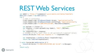 REST Web Services
GET
POST
PATCH
DELETE

 