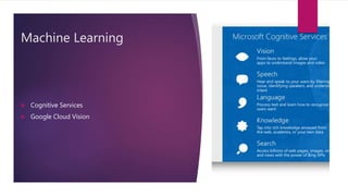 Machine Learning
 Cognitive Services
 Google Cloud Vision
 