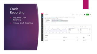 Crash
Reporting
 AppCenter Crash
Reporting
 Firebase Crash Reporting
 