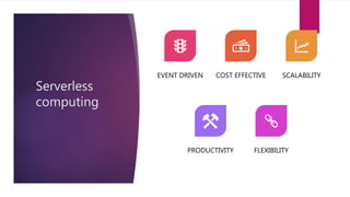 Serverless
computing
EVENT DRIVEN COST EFFECTIVE SCALABILITY
PRODUCTIVITY FLEXIBILITY
 