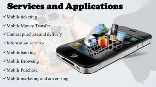 Services and Applications
Mobile ticketing

Mobile Money Transfer
Content purchase and delivery

Information services
Mobile banking
Mobile Browsing
Mobile Purchase
Mobile marketing and advertising
20

 