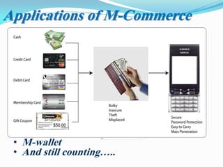 • Mobile Money Transfer
• Mobile ATM
• Mobile Ticketing
• Mobile vouchers, coupons ,loyalty cards
• Mobile Banking
• Mobile brokerage
• Auctions
• Mobile Browsing
• Mobile Purchases
• Mobile marketing and advertising
• NFC
• M-wallet
• And still counting…..
Applications of M-Commerce
 