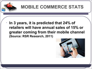 MOBILE COMMERCE STATS

•

In 3 years, it is predicted that 24% of
retailers will have annual sales of 15% or
greater coming from their mobile channel
(Source: RSR Research, 2011)

 