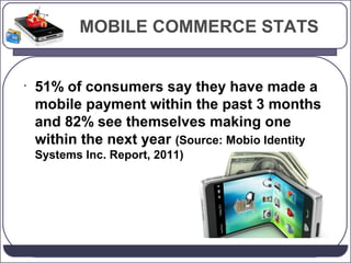 MOBILE COMMERCE STATS

•

51% of consumers say they have made a
mobile payment within the past 3 months
and 82% see themselves making one
within the next year (Source: Mobio Identity
Systems Inc. Report, 2011)

 