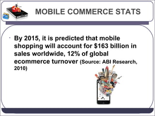 MOBILE COMMERCE STATS

•

By 2015, it is predicted that mobile
shopping will account for $163 billion in
sales worldwide, 12% of global
ecommerce turnover (Source: ABI Research,
2010)

 