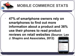 MOBILE COMMERCE STATS

•

47% of smartphone owners rely on
smartphones to find out more
information about a product and 36%
use their phones to read product
reviews on retail websites (Source: Leo
J. Shapiro and Associates, 2012)

 