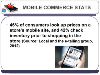 MOBILE COMMERCE STATS

•

46% of consumers look up prices on a
store’s mobile site, and 42% check
inventory prior to shopping in the
store (Source: Local and the e-tailing group,
2012)

 