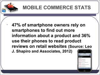 MOBILE COMMERCE STATS

•

47% of smartphone owners rely on
smartphones to find out more
information about a product and 36...