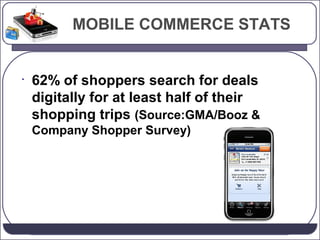MOBILE COMMERCE STATS

•

62% of shoppers search for deals
digitally for at least half of their
shopping trips (Source:GMA...