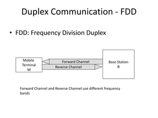 Duplex Communication - FDD
• FDD: Frequency Division Duplex
Base Station
B
Mobile
Terminal
M
Forward Channel
Reverse Channel
Forward Channel and Reverse Channel use different frequency
bands
 