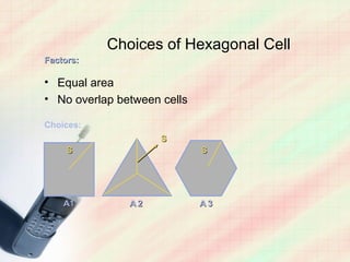 Choices of Hexagonal Cell
Factors:

• Equal area
• No overlap between cells

Choices:
                     S
     S                       S




    A1         A2            A3
 