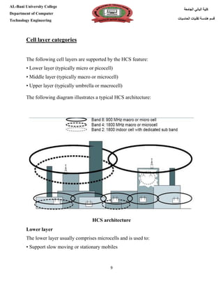 [Type here][Type here]
9
‫كلية‬‫الجامعة‬ ‫الباني‬
‫الحاسبات‬ ‫تقنيات‬ ‫هندسة‬ ‫قسم‬
AL-Bani University College
Department of Computer
Technology Engineering
Cell layer categories
The following cell layers are supported by the HCS feature:
• Lower layer (typically micro or picocell)
• Middle layer (typically macro or microcell)
• Upper layer (typically umbrella or macrocell)
The following diagram illustrates a typical HCS architecture:
HCS architecture
Lower layer
The lower layer usually comprises microcells and is used to:
• Support slow moving or stationary mobiles
 