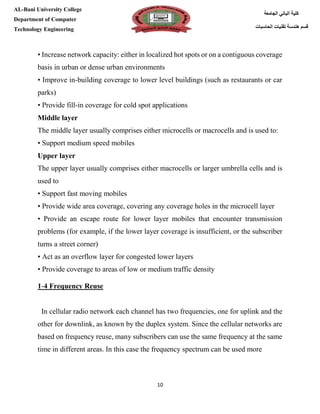 [Type here][Type here]
10
‫كلية‬‫الجامعة‬ ‫الباني‬
‫الحاسبات‬ ‫تقنيات‬ ‫هندسة‬ ‫قسم‬
AL-Bani University College
Department of Computer
Technology Engineering
• Increase network capacity: either in localized hot spots or on a contiguous coverage
basis in urban or dense urban environments
• Improve in-building coverage to lower level buildings (such as restaurants or car
parks)
• Provide fill-in coverage for cold spot applications
Middle layer
The middle layer usually comprises either microcells or macrocells and is used to:
• Support medium speed mobiles
Upper layer
The upper layer usually comprises either macrocells or larger umbrella cells and is
used to
• Support fast moving mobiles
• Provide wide area coverage, covering any coverage holes in the microcell layer
• Provide an escape route for lower layer mobiles that encounter transmission
problems (for example, if the lower layer coverage is insufficient, or the subscriber
turns a street corner)
• Act as an overflow layer for congested lower layers
• Provide coverage to areas of low or medium traffic density
1-4 Frequency Reuse
In cellular radio network each channel has two frequencies, one for uplink and the
other for downlink, as known by the duplex system. Since the cellular networks are
based on frequency reuse, many subscribers can use the same frequency at the same
time in different areas. In this case the frequency spectrum can be used more
 