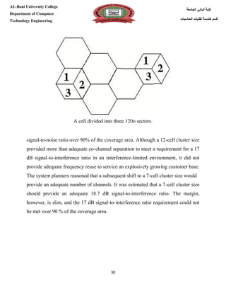 [Type here][Type here]
30
‫كلية‬‫الجامعة‬ ‫الباني‬
‫الحاسبات‬ ‫تقنيات‬ ‫هندسة‬ ‫قسم‬
AL-Bani University College
Department of Computer
Technology Engineering
A cell divided into three 120o sectors.
signal-to-noise ratio over 90% of the coverage area. Although a 12-cell cluster size
provided more than adequate co-channel separation to meet a requirement for a 17
dB signal-to-interference ratio in an interference-limited environment, it did not
provide adequate frequency reuse to service an explosively growing customer base.
The system planners reasoned that a subsequent shift to a 7-cell cluster size would
provide an adequate number of channels. It was estimated that a 7-cell cluster size
should provide an adequate 18.7 dB signal-to-interference ratio. The margin,
however, is slim, and the 17 dB signal-to-interference ratio requirement could not
be met over 90 % of the coverage area.
 