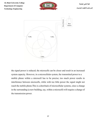 [Type here][Type here]
37
‫كلية‬‫الجامعة‬ ‫الباني‬
‫الحاسبات‬ ‫تقنيات‬ ‫هندسة‬ ‫قسم‬
AL-Bani University College
Department of Computer
Technology Engineering
the signal power is reduced, the microcells can be closer and result in an increased
system capacity. However, in a microcellular system, the transmitted power to a
mobile phone within a microcell has to be precise; too much power results in
interference between microcells, while with too little power the signal might not
reach the mobile phone.This is a drawback of microcellular systems, since a change
in the surrounding (a new building, say, within a microcell) will require a change of
the transmission power.
 