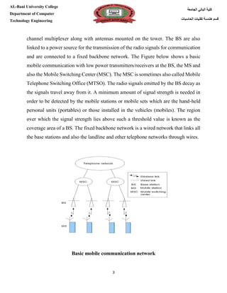 [Type here][Type here]
3
‫كلية‬‫الجامعة‬ ‫الباني‬
‫الحاسبات‬ ‫تقنيات‬ ‫هندسة‬ ‫قسم‬
AL-Bani University College
Department of Computer
Technology Engineering
channel multiplexer along with antennas mounted on the tower. The BS are also
linked to a power source for the transmission of the radio signals for communication
and are connected to a fixed backbone network. The Figure below shows a basic
mobile communication with low power transmitters/receivers at the BS, the MS and
also the Mobile Switching Center (MSC). The MSC is sometimes also called Mobile
Telephone Switching Office (MTSO). The radio signals emitted by the BS decay as
the signals travel away from it. A minimum amount of signal strength is needed in
order to be detected by the mobile stations or mobile sets which are the hand-held
personal units (portables) or those installed in the vehicles (mobiles). The region
over which the signal strength lies above such a threshold value is known as the
coverage area of a BS. The fixed backbone network is a wired network that links all
the base stations and also the landline and other telephone networks through wires.
Basic mobile communication network
 