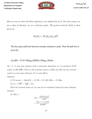 [Type here][Type here]
47
‫كلية‬‫الجامعة‬ ‫الباني‬
‫الحاسبات‬ ‫تقنيات‬ ‫هندسة‬ ‫قسم‬
AL-Bani University College
Department of Computer
Technology Engineering
The free space path loss between isotropic antennas is pt/pr. Then the path loss is
given by:
Lp (dB) = 32.45+20log10 f(MHz)+20log10 d(km)
 