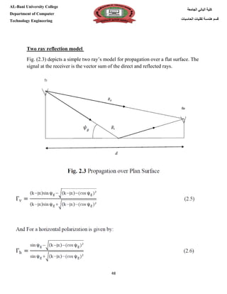 [Type here][Type here]
48
‫كلية‬‫الجامعة‬ ‫الباني‬
‫الحاسبات‬ ‫تقنيات‬ ‫هندسة‬ ‫قسم‬
AL-Bani University College
Department of Computer
Technology Engineering
ray reflection modelTwo
Fig. (2.3) depicts a simple two ray’s model for propagation over a flat surface. The
signal at the receiver is the vector sum of the direct and reflected rays.
 
