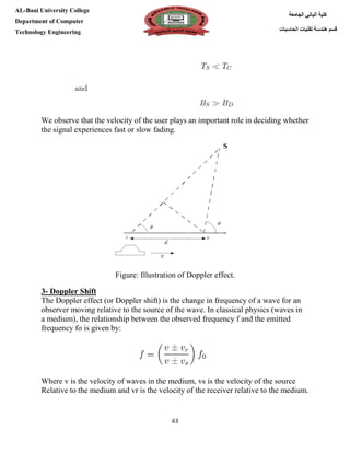 [Type here][Type here]
63
‫كلية‬‫الجامعة‬ ‫الباني‬
‫الحاسبات‬ ‫تقنيات‬ ‫هندسة‬ ‫قسم‬
AL-Bani University College
Department of Computer
Technology Engineering
We observe that the velocity of the user plays an important role in deciding whether
the signal experiences fast or slow fading.
Figure: Illustration of Doppler effect.
3- Doppler Shift
The Doppler effect (or Doppler shift) is the change in frequency of a wave for an
observer moving relative to the source of the wave. In classical physics (waves in
a medium), the relationship between the observed frequency f and the emitted
frequency fo is given by:
Where v is the velocity of waves in the medium, vs is the velocity of the source
Relative to the medium and vr is the velocity of the receiver relative to the medium.
 