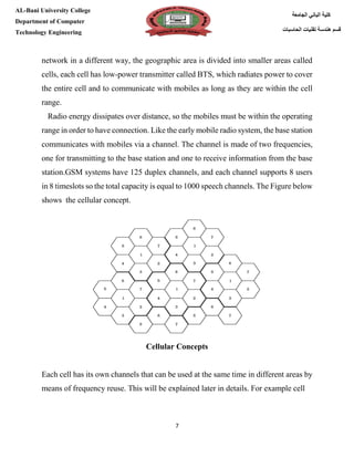 [Type here][Type here]
7
‫كلية‬‫الجامعة‬ ‫الباني‬
‫الحاسبات‬ ‫تقنيات‬ ‫هندسة‬ ‫قسم‬
AL-Bani University College
Department of Computer
Technology Engineering
network in a different way, the geographic area is divided into smaller areas called
cells, each cell has low-power transmitter called BTS, which radiates power to cover
the entire cell and to communicate with mobiles as long as they are within the cell
range.
Radio energy dissipates over distance, so the mobiles must be within the operating
range in order to have connection. Like the early mobile radio system, the base station
communicates with mobiles via a channel. The channel is made of two frequencies,
one for transmitting to the base station and one to receive information from the base
station.GSM systems have 125 duplex channels, and each channel supports 8 users
in 8 timeslots so the total capacity is equal to 1000 speech channels. The Figure below
shows the cellular concept.
Cellular Concepts
Each cell has its own channels that can be used at the same time in different areas by
means of frequency reuse. This will be explained later in details. For example cell
 