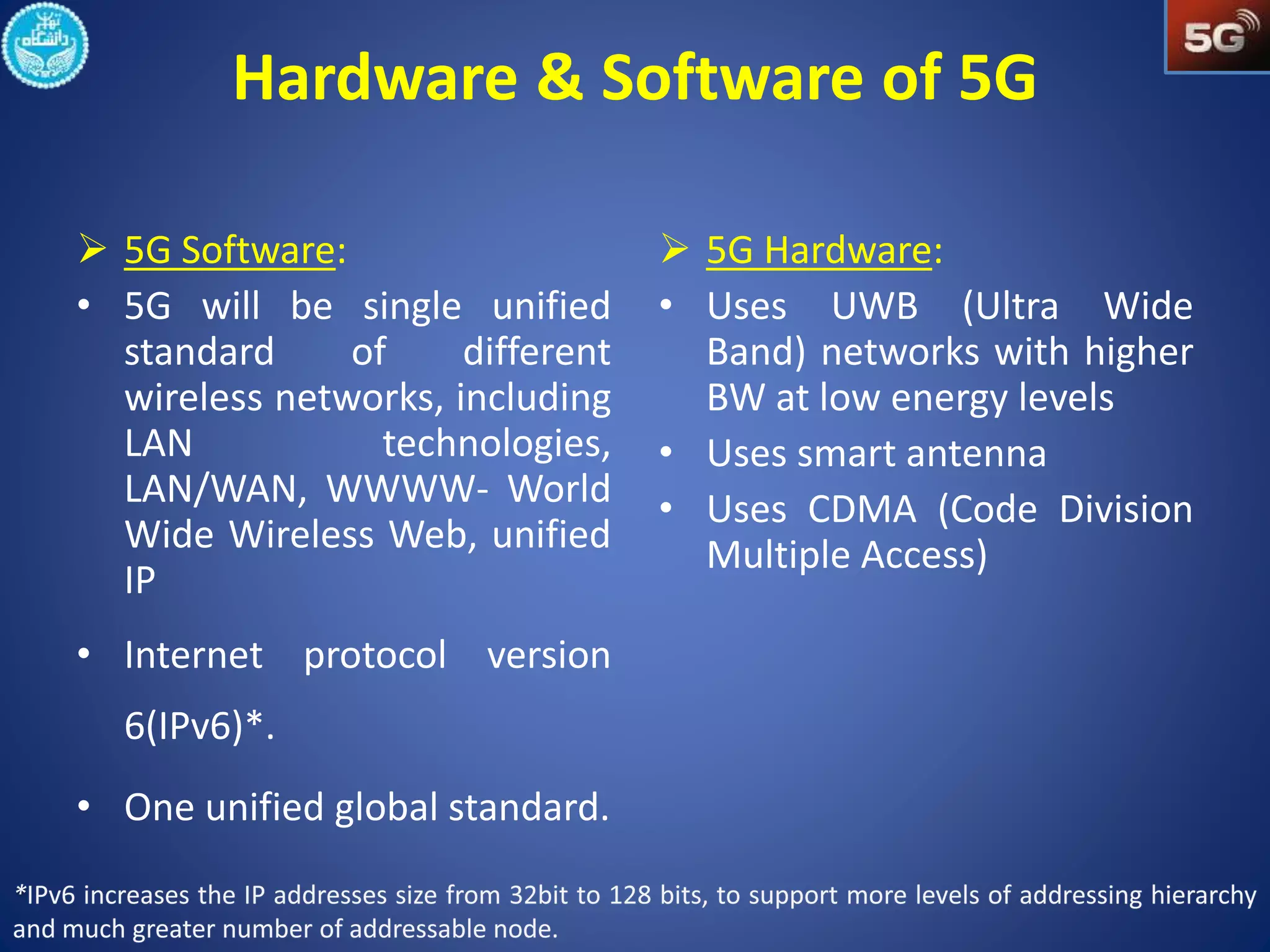 Hardware & Software of 5G 
 5G Software: 
• 5G will be single unified 
standard of different 
wireless networks, including 
LAN technologies, 
LAN/WAN, WWWW- World 
Wide Wireless Web, unified 
IP 
• Internet protocol version 
6(IPv6)*. 
• One unified global standard. 
 5G Hardware: 
• Uses UWB (Ultra Wide 
Band) networks with higher 
BW at low energy levels 
• Uses smart antenna 
• Uses CDMA (Code Division 
Multiple Access) 
 