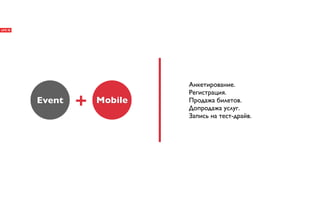 Анкетирование.
                     Регистрация.
Event   +   Mobile   Продажа билетов.
                     Допродажа услуг.
                     Запись на тест-драйв.
 