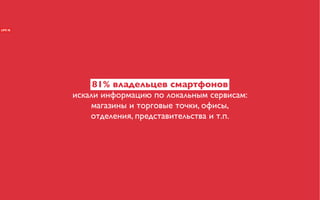 81% владельцев смартфонов
искали информацию по локальным сервисам:
    магазины и торговые точки, офисы,
    отделения, представительства и т.п.
 