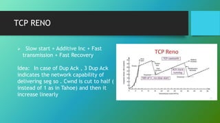 TCP RENO
 Slow start + Additive Inc + Fast
transmission + Fast Recovery
Idea: In case of Dup Ack , 3 Dup Ack
indicates the network capability of
delivering seg so . Cwnd is cut to half (
instead of 1 as in Tahoe) and then it
increase linearly
 