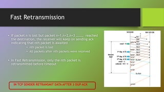 Fast Retransmission
• If packet n is lost but packet n+1,n+2,n+3 ……… reached
the destination, the receiver will keep on sending ack
indicating that nth packet is awaited
• nth packet is lost
• All packets after nth packets were received
• In Fast Retransmission, only the nth packet is
retransmitted before timeout
IN TCP SENDER RETRANSMIT DATA AFTER 3 DUP ACK
 