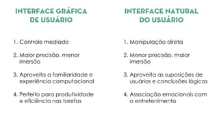 Interface gráfica
de usuário
Interface natural
do usuário
1. Controle mediado
2. Maior precisão, menor
imersão
3. Aproveita a familiaridade e
experiência computacional
4. Perfeito para produtividade
e eficiência nas tarefas
1. Manipulação direta
2. Menor precisão, maior
imersão
3. Aproveita as suposições de
usuários e conclusões lógicas
4. Associação emocionais com
o entretenimento
 