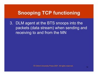 © Oxford University Press 2007. All rights reserved.
14
Snooping TCP functioning
3. DLM agent at the BTS snoops into the
packets (data stream) when sending and
receiving to and from the MN
 