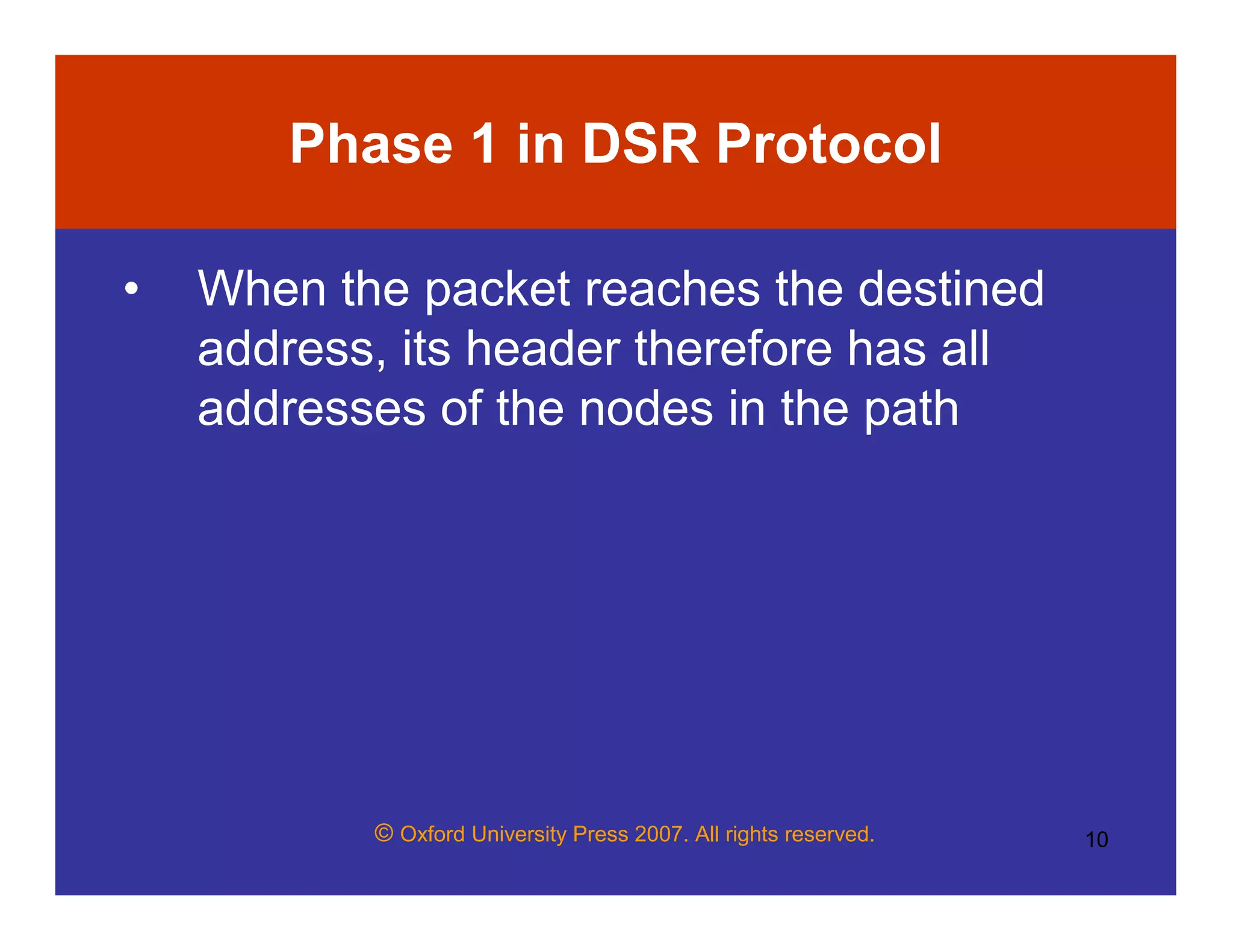 © Oxford University Press 2007. All rights reserved. 10
Phase 1 in DSR Protocol
• When the packet reaches the destined
address, its header therefore has all
addresses of the nodes in the path
 