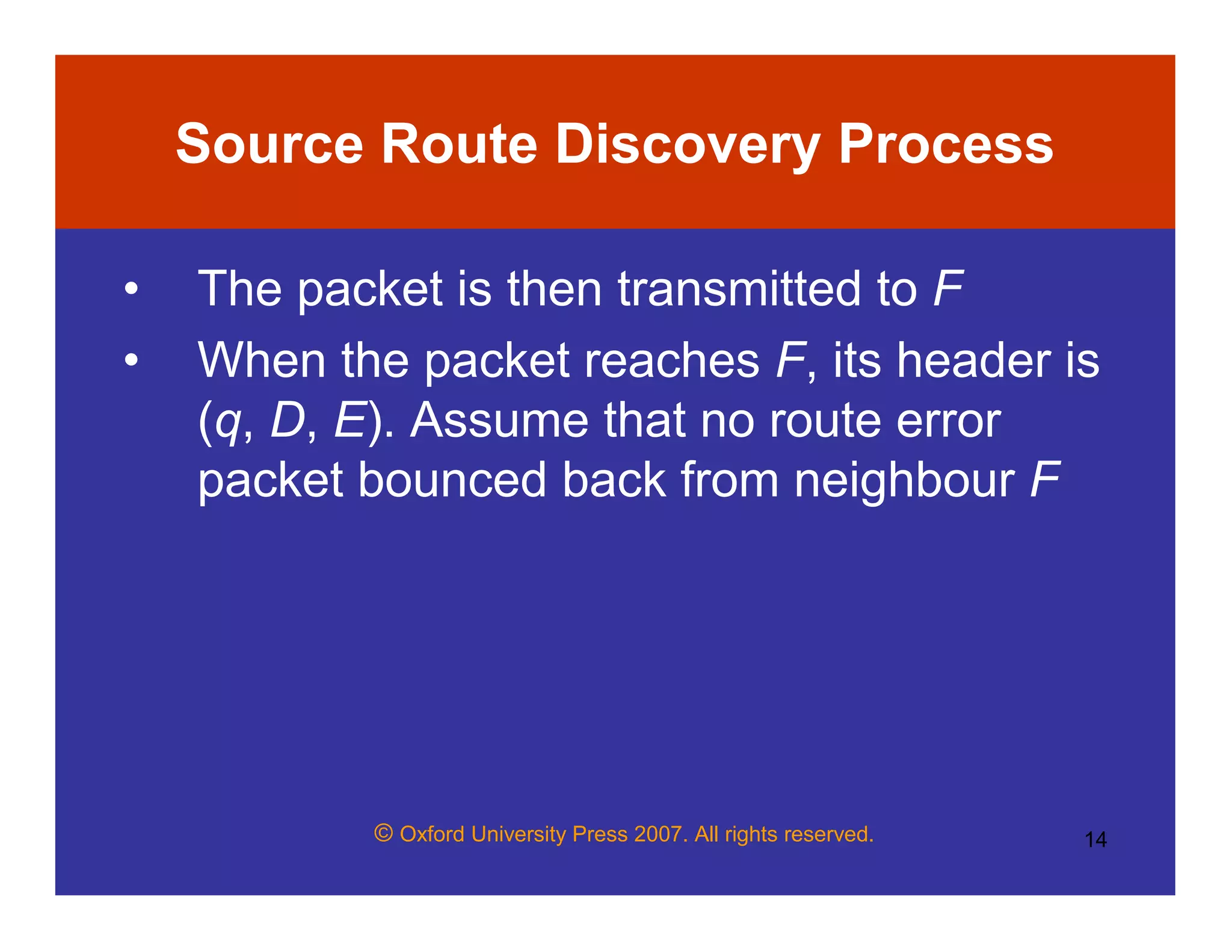© Oxford University Press 2007. All rights reserved. 14
Source Route Discovery Process
• The packet is then transmitted to F
• When the packet reaches F, its header is
(q, D, E). Assume that no route error
packet bounced back from neighbour F
 