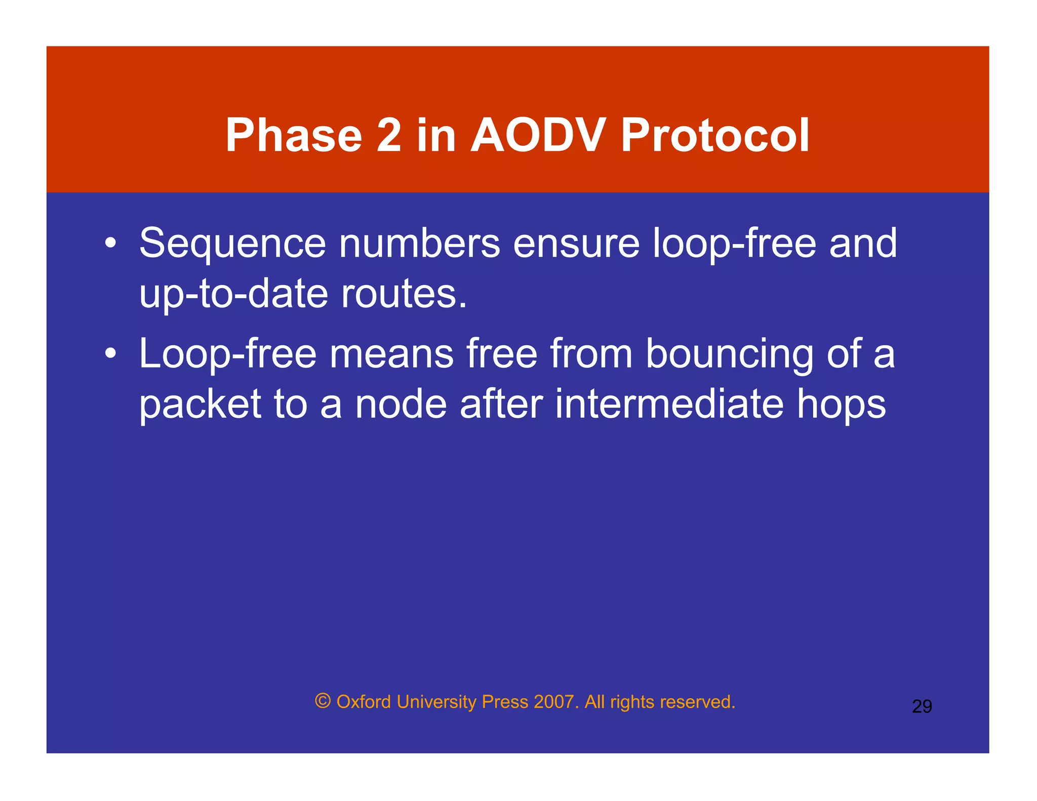 © Oxford University Press 2007. All rights reserved. 29
Phase 2 in AODV Protocol
• Sequence numbers ensure loop-free and
up-to-date routes.
• Loop-free means free from bouncing of a
packet to a node after intermediate hops
 