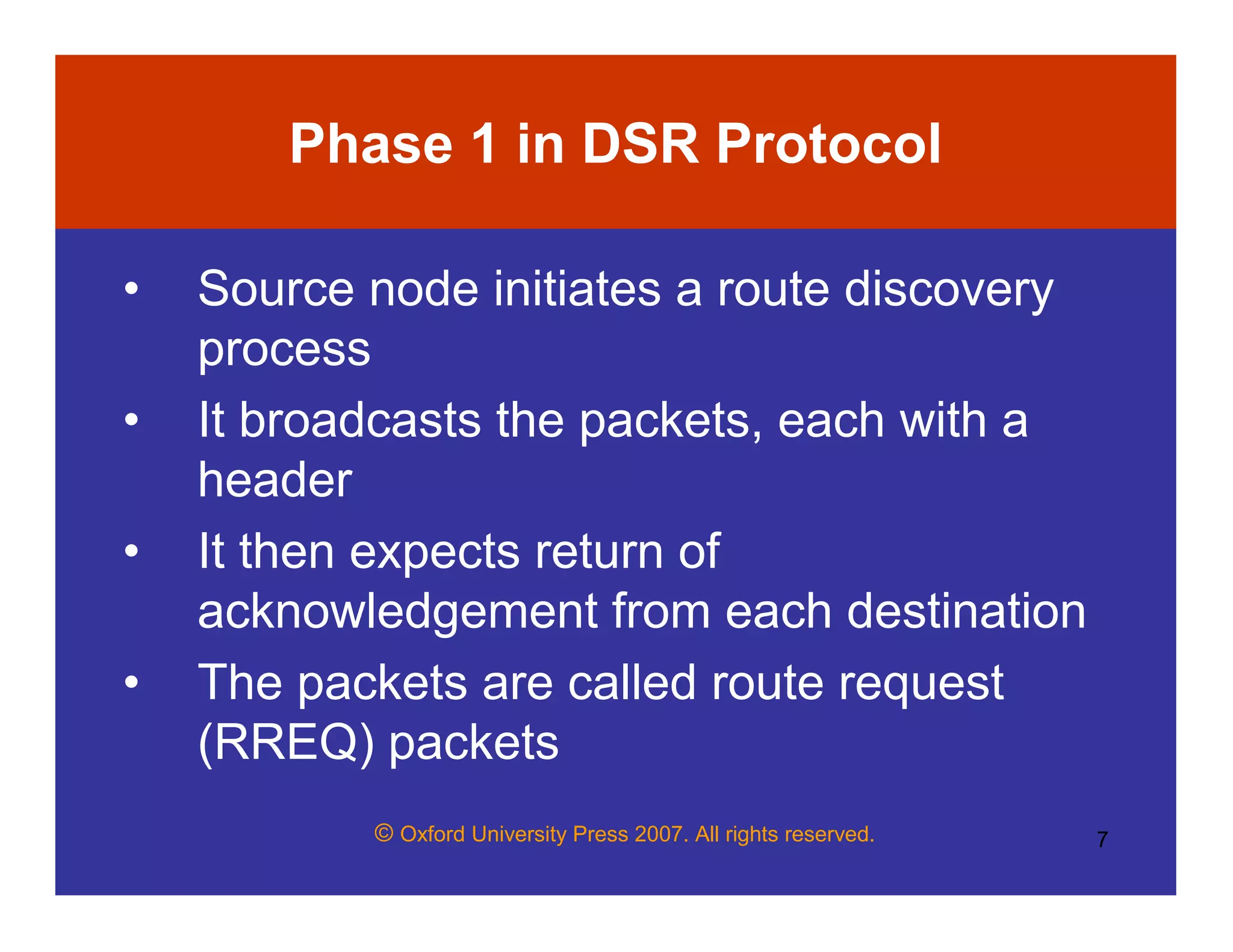 © Oxford University Press 2007. All rights reserved. 7
Phase 1 in DSR Protocol
• Source node initiates a route discovery
process
• It broadcasts the packets, each with a
header
• It then expects return of
acknowledgement from each destination
• The packets are called route request
(RREQ) packets
 