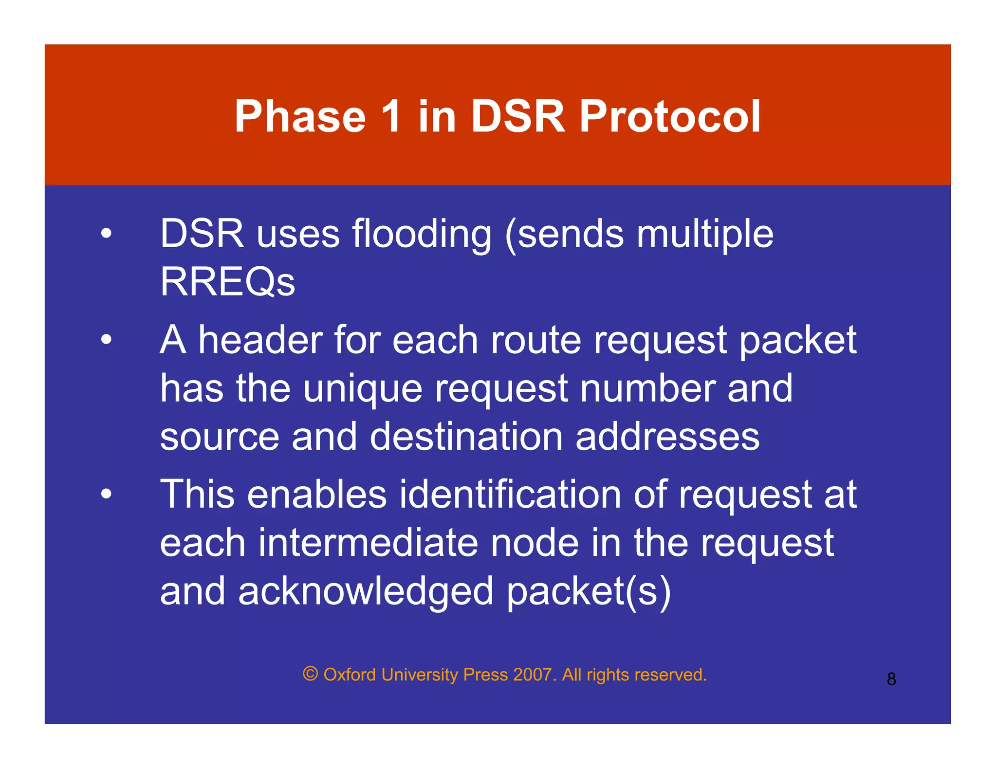© Oxford University Press 2007. All rights reserved. 8
Phase 1 in DSR Protocol
• DSR uses flooding (sends multiple
RREQs
• A header for each route request packet
has the unique request number and
source and destination addresses
• This enables identification of request at
each intermediate node in the request
and acknowledged packet(s)
 