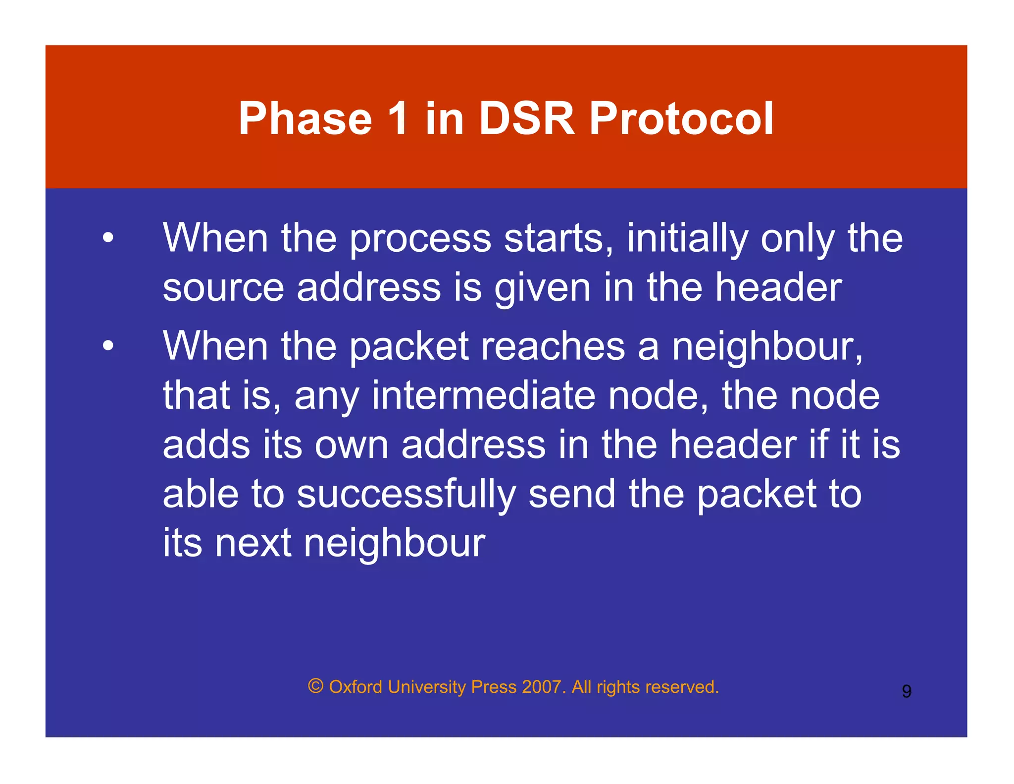 © Oxford University Press 2007. All rights reserved. 9
Phase 1 in DSR Protocol
• When the process starts, initially only the
source address is given in the header
• When the packet reaches a neighbour,
that is, any intermediate node, the node
adds its own address in the header if it is
able to successfully send the packet to
its next neighbour
 