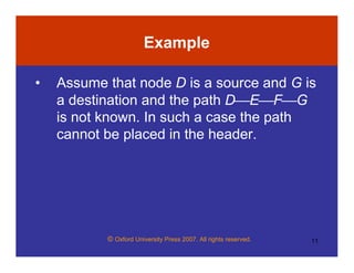 © Oxford University Press 2007. All rights reserved. 11
Example
• Assume that node D is a source and G is
a destination and the path DEFG
is not known. In such a case the path
cannot be placed in the header.
 
