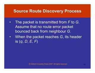 © Oxford University Press 2007. All rights reserved. 15
Source Route Discovery Process
• The packet is transmitted from F to G.
Assume that no route error packet
bounced back from neighbour G.
• When the packet reaches G, its header
is (q, D, E, F)
 