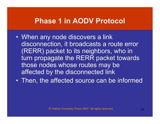 © Oxford University Press 2007. All rights reserved. 25
Phase 1 in AODV Protocol
• When any node discovers a link
disconnection, it broadcasts a route error
(RERR) packet to its neighbors, who in
turn propagate the RERR packet towards
those nodes whose routes may be
affected by the disconnected link
• Then, the affected source can be informed
 