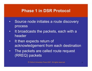 © Oxford University Press 2007. All rights reserved. 7
Phase 1 in DSR Protocol
• Source node initiates a route discovery
process
• It broadcasts the packets, each with a
header
• It then expects return of
acknowledgement from each destination
• The packets are called route request
(RREQ) packets
 